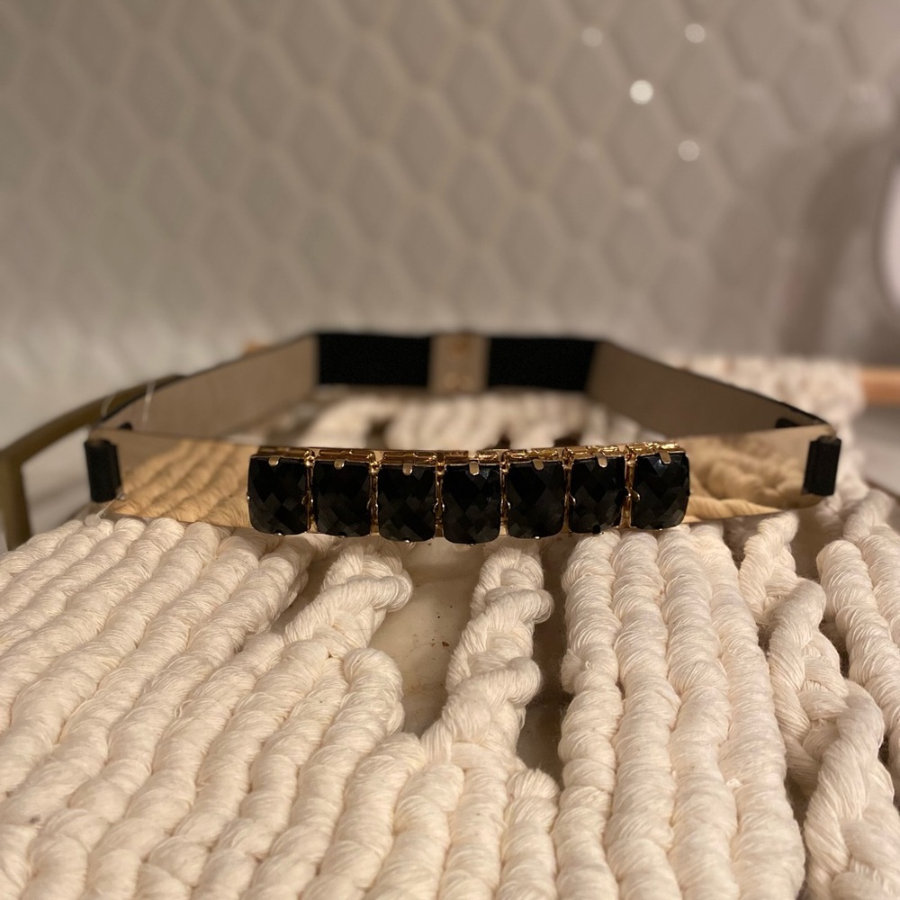 Rare NWOT Bebe Black Rhinestone Gold metal stretch statement Belt size S-M